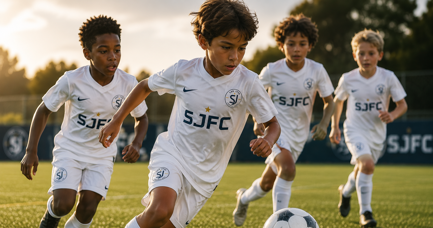 San Jose FC youth players in white kits running together during golden-hour training