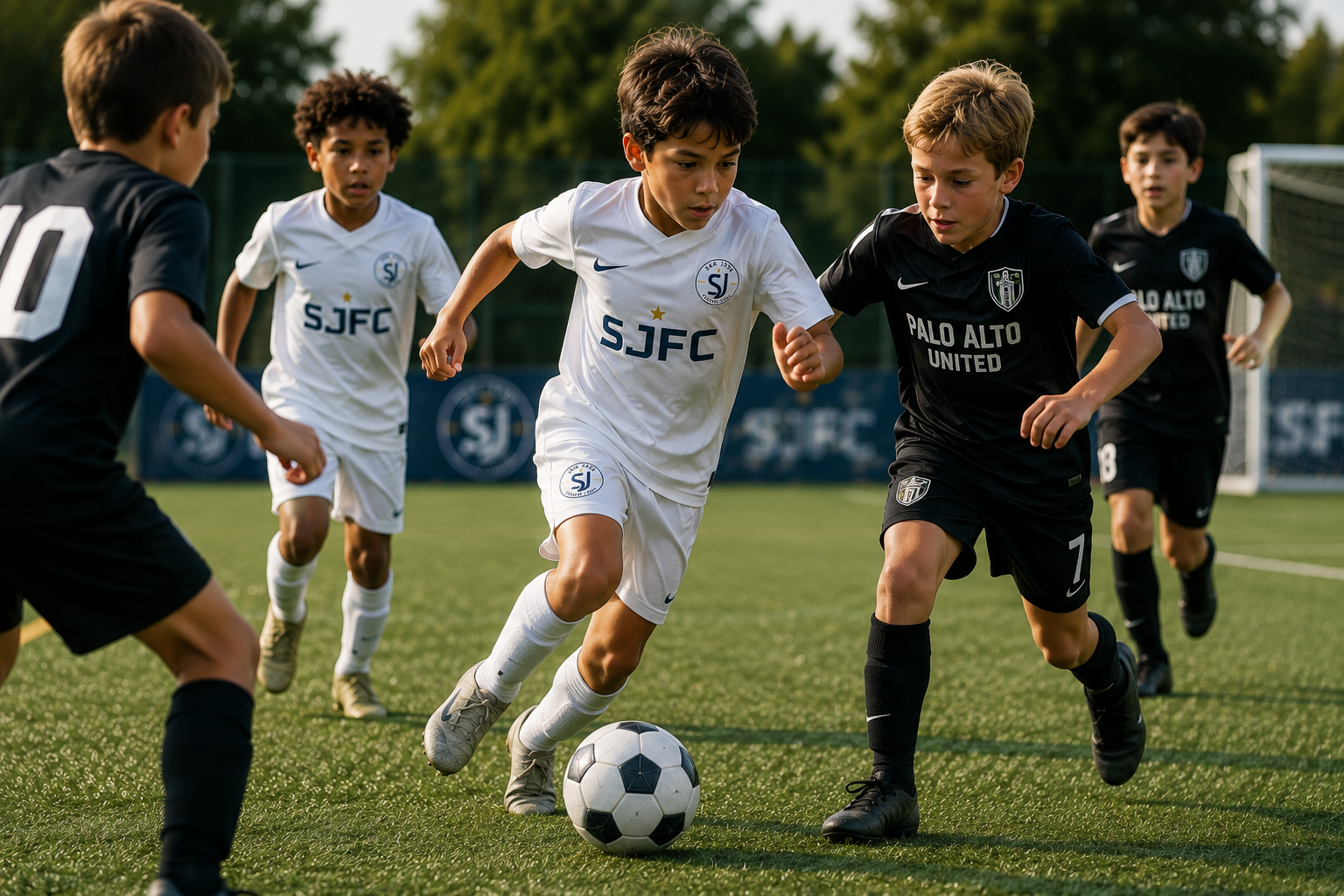 San Jose FC player dribbling past opponents during a youth soccer match